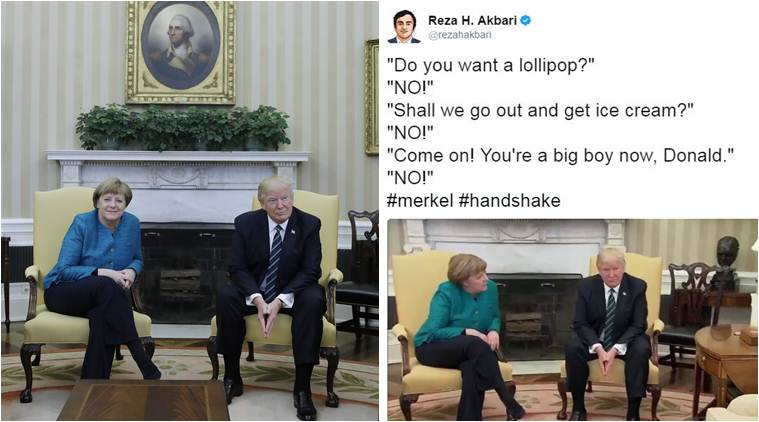 Donald trump's handshake, angela merkel handshake trump, trump handshake joke, trump merket handshake