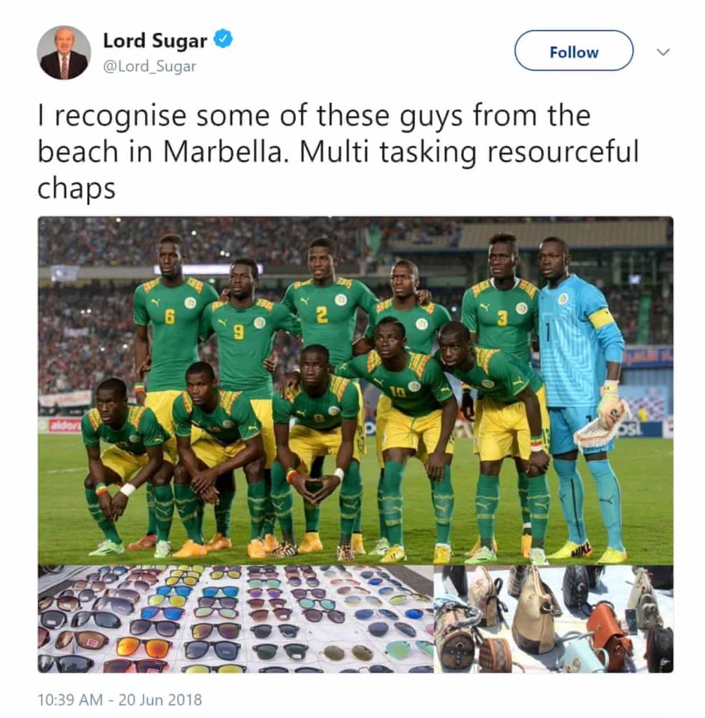 Alan sugar, The apprentice, Alan sugar racist tweet